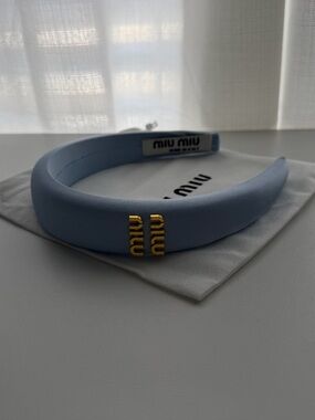 Miu Miu Light Blue Fabric Logo Headband with Gold Hardware
